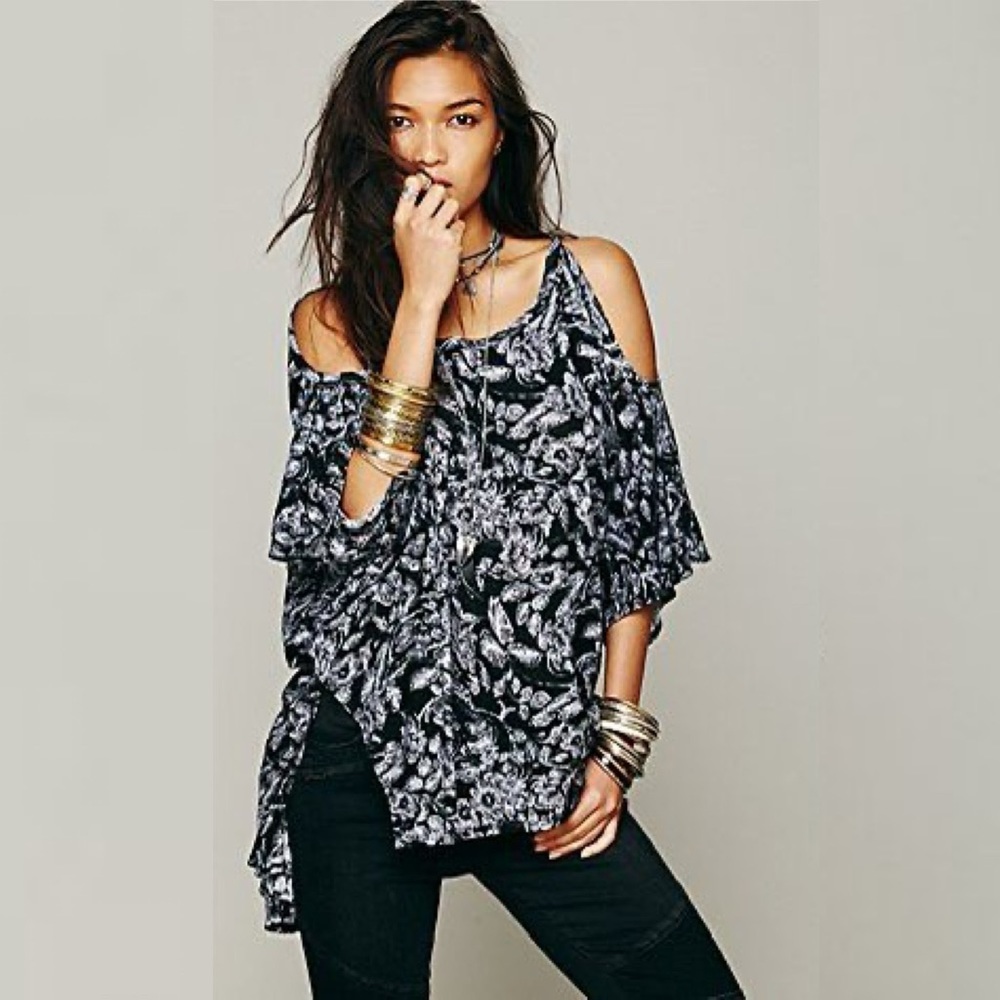 Free People Printed Tunic Top Oversized Size Small Boho Linen Blend Romantics